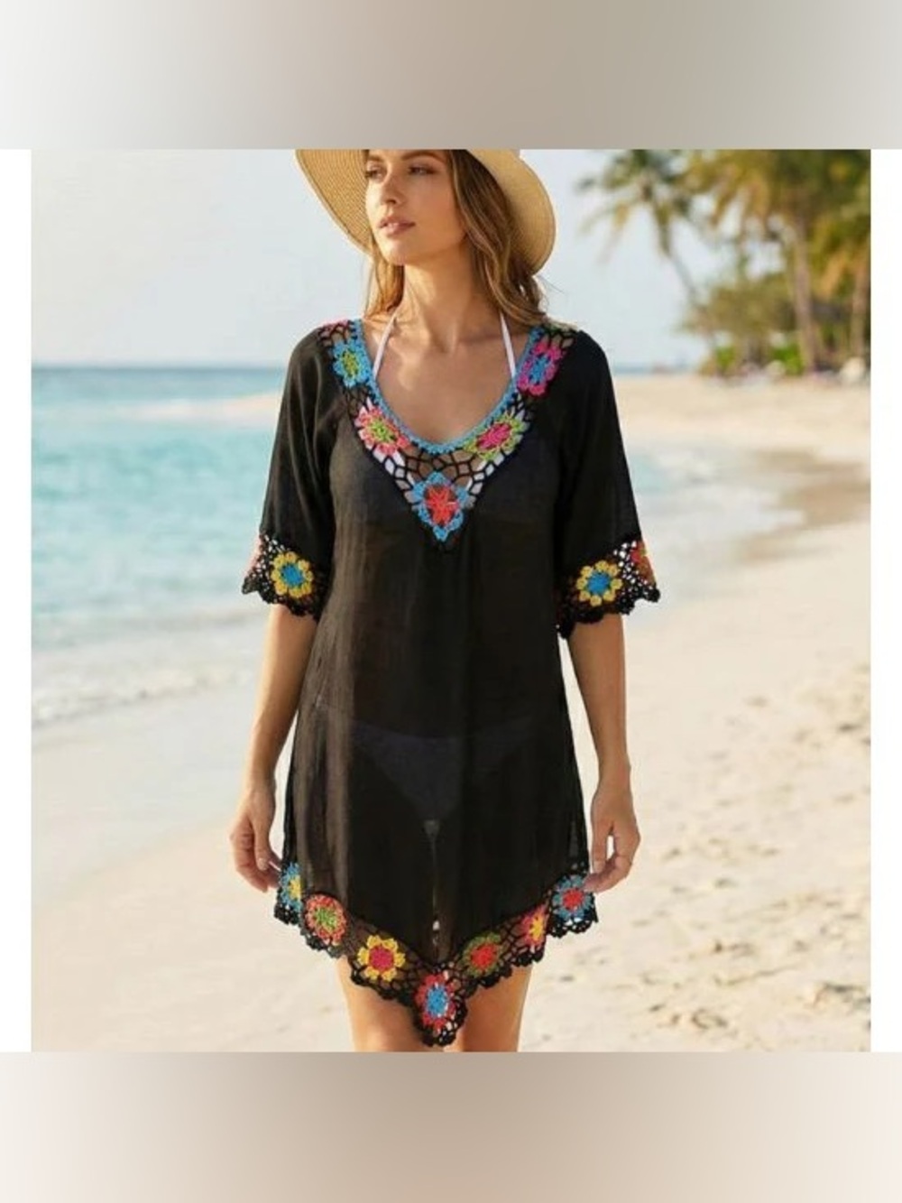 BRAND NEW WITH TAGS Black Floral Crochet Beach Cover Up